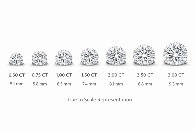 Diamond size chart showing carat weight and millimeter diameter for single studs