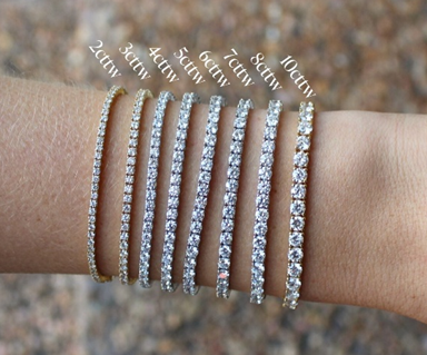 Side-by-side tennis bracelet total carat weight comparison from 2 CTTW to 10 CTTW